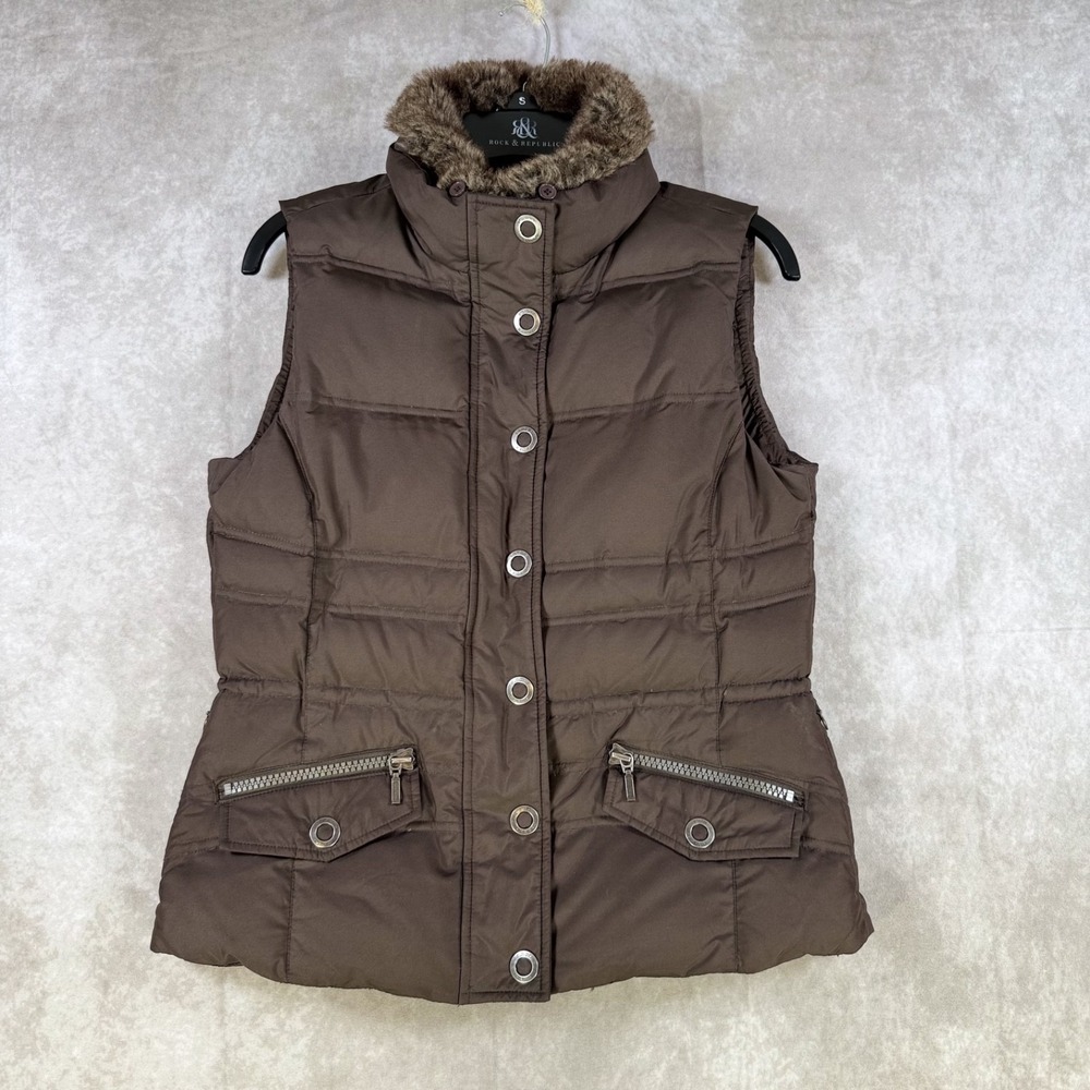 Eddie Bauer Womens Down Vest Small Brown Premium Goose Down Fur Collar Puffer